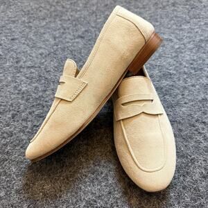 Quince Italian Suede Penny Loafer Shoes Quiet Luxury Academia Almond Beige Sz 6